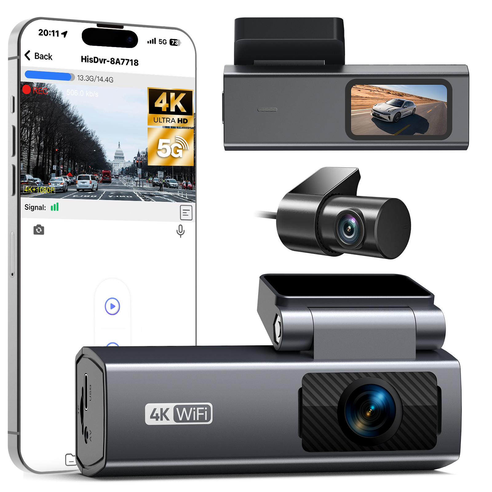 1 Dual Lens Dash Camera 1.47inch Screen, 4k+k, Wifi , car Charger, , XW158 - Image 1